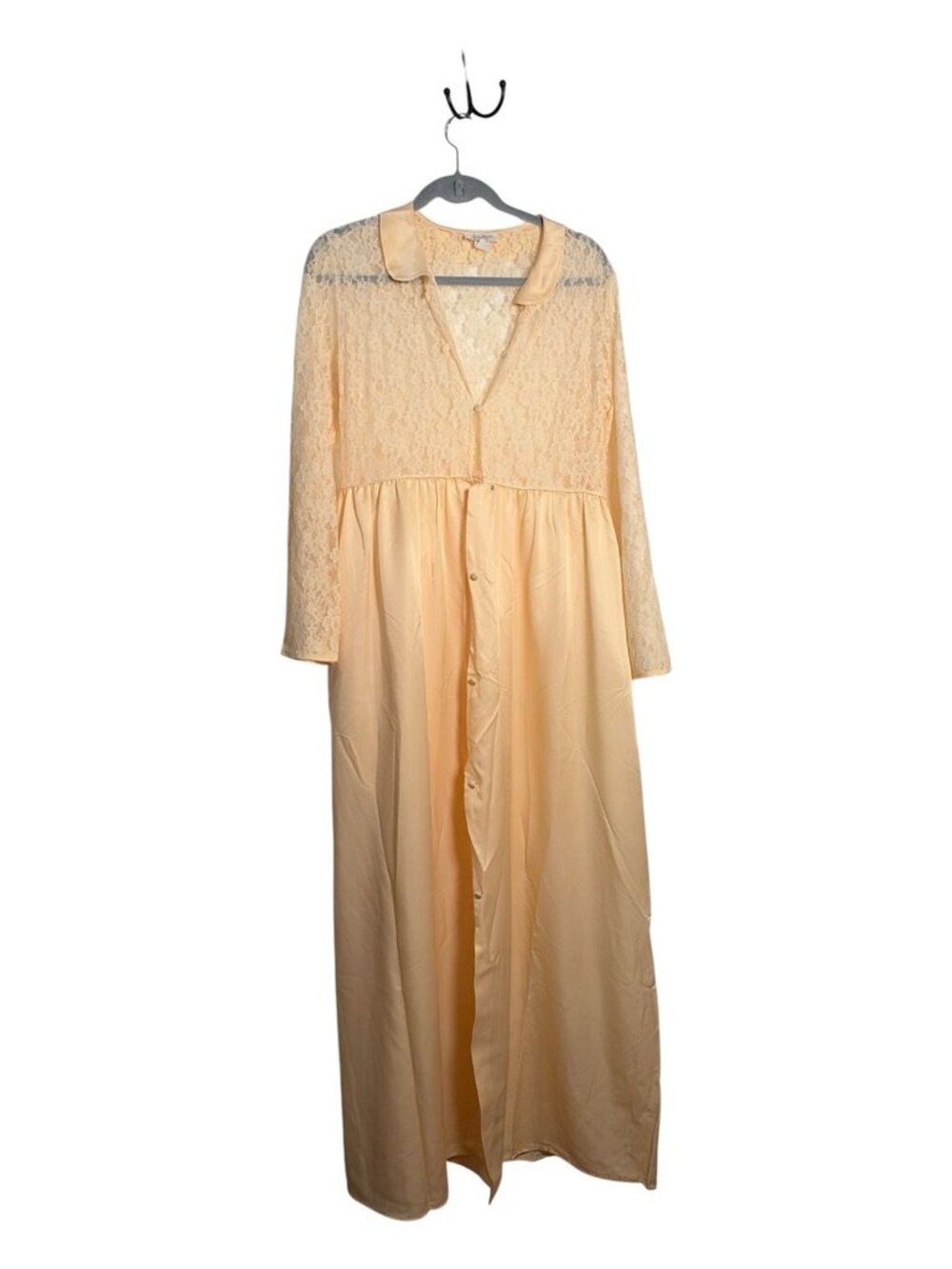 Vintage Barbizon Peach Satin Lace Peignoir Robe Duster Button Front Maxi Size M